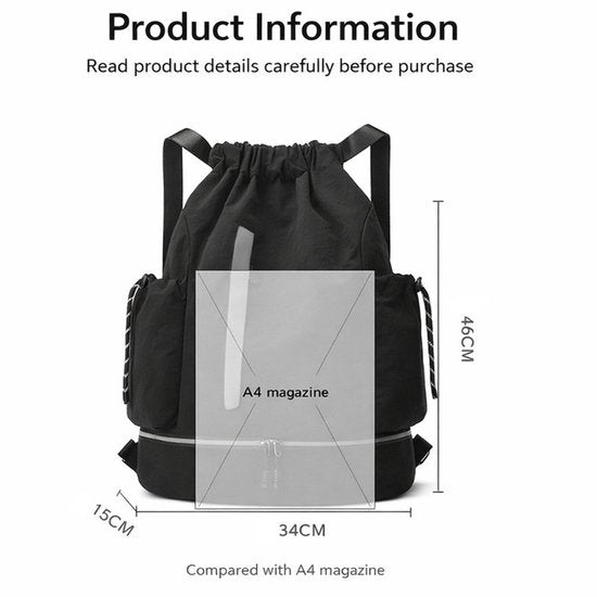 Drawstring Backpack - Waterproof Sports Bag - Lightweight Sports Backpack - With Shoe Compartment - Unisex - Suitable for Basketball, Football, Swimming and Travel - Black Unique