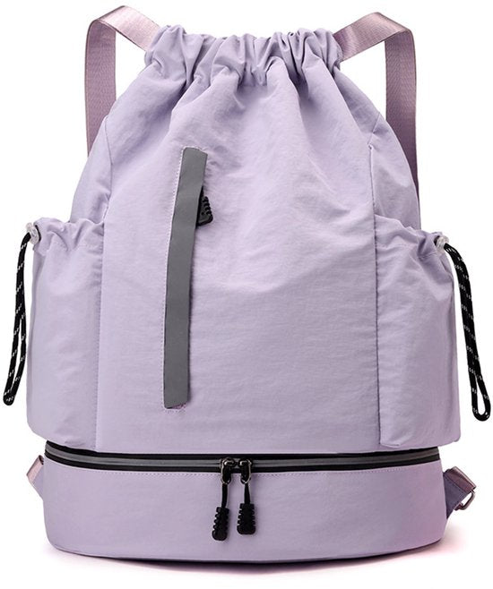 Drawstring Backpack - Waterproof Sports Bag - Lightweight Sports Backpack - With Shoe Compartment - Unisex - Suitable for Basketball, Football, Swimming and Travel - Purple Unique