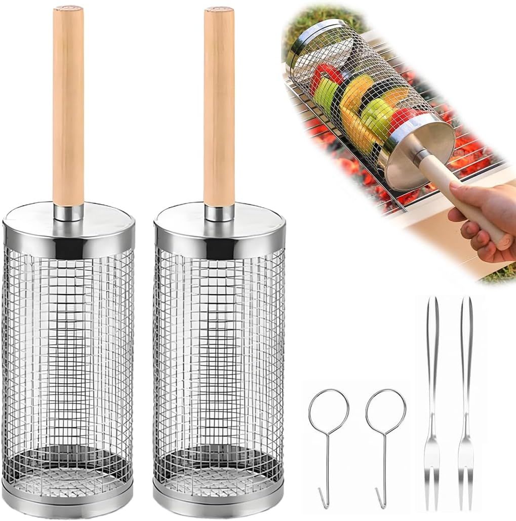 304 Stainless Steel Rolling Grill Basket Set with Removable Handle for Vegetables, Shrimp and Outdoor BBQ, Nesting Design, Silver Awezingly