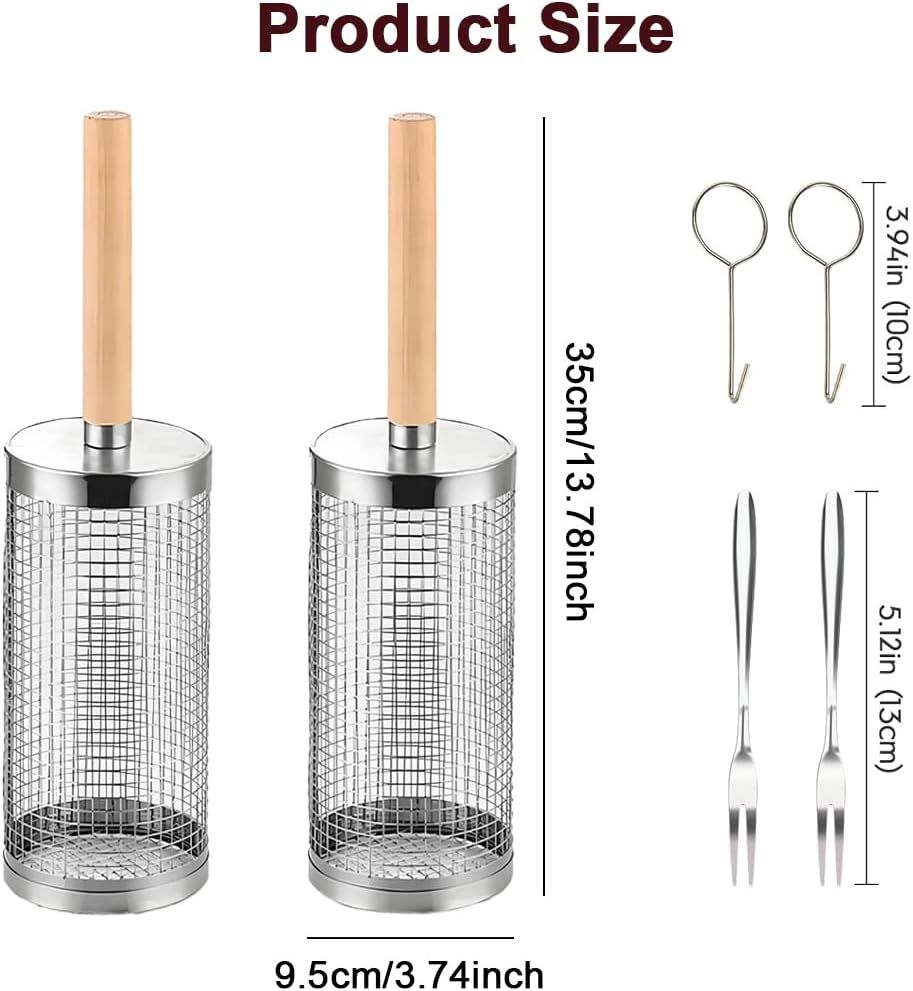 304 Stainless Steel Rolling Grill Basket Set with Removable Handle for Vegetables, Shrimp and Outdoor BBQ, Nesting Design, Silver Awezingly
