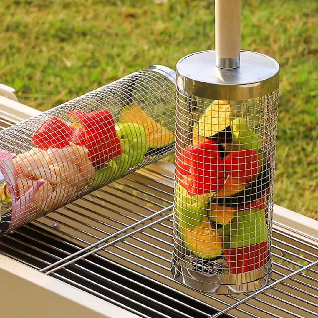304 Stainless Steel Rolling Grill Basket Set with Removable Handle for Vegetables, Shrimp and Outdoor BBQ, Nesting Design, Silver Awezingly
