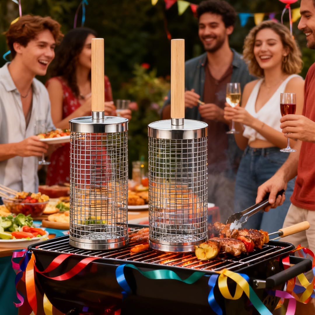 304 Stainless Steel Rolling Grill Basket Set with Removable Handle for Vegetables, Shrimp and Outdoor BBQ, Nesting Design, Silver Awezingly