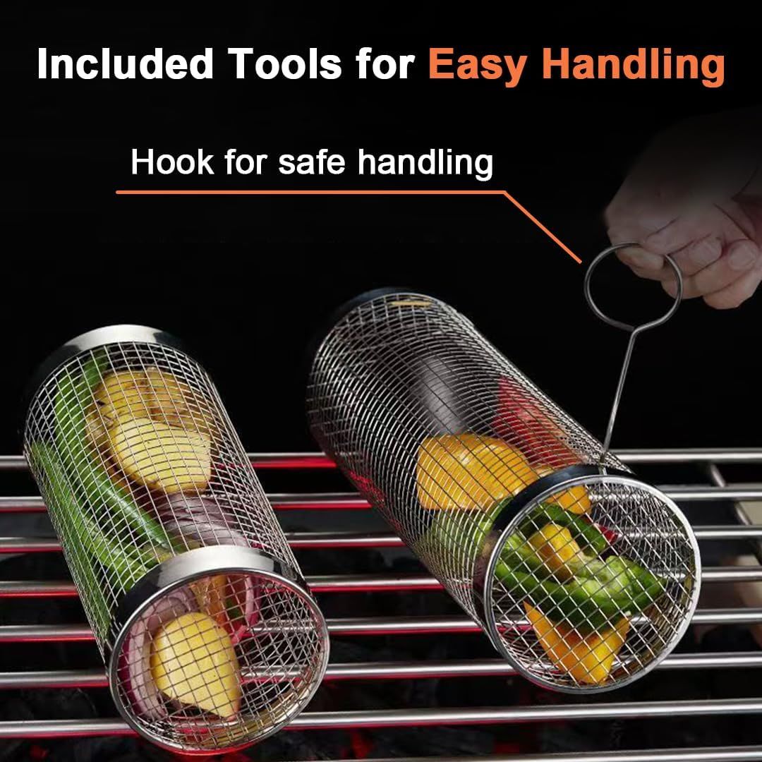 304 Stainless Steel Rolling Grill Basket Set with Removable Handle for Vegetables, Shrimp and Outdoor BBQ, Nesting Design, Silver Awezingly