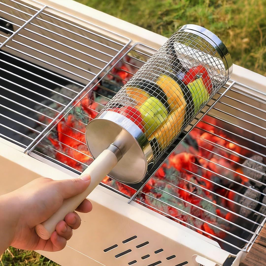 304 Stainless Steel Rolling Grill Basket Set with Removable Handle for Vegetables, Shrimp and Outdoor BBQ, Nesting Design, Silver Awezingly