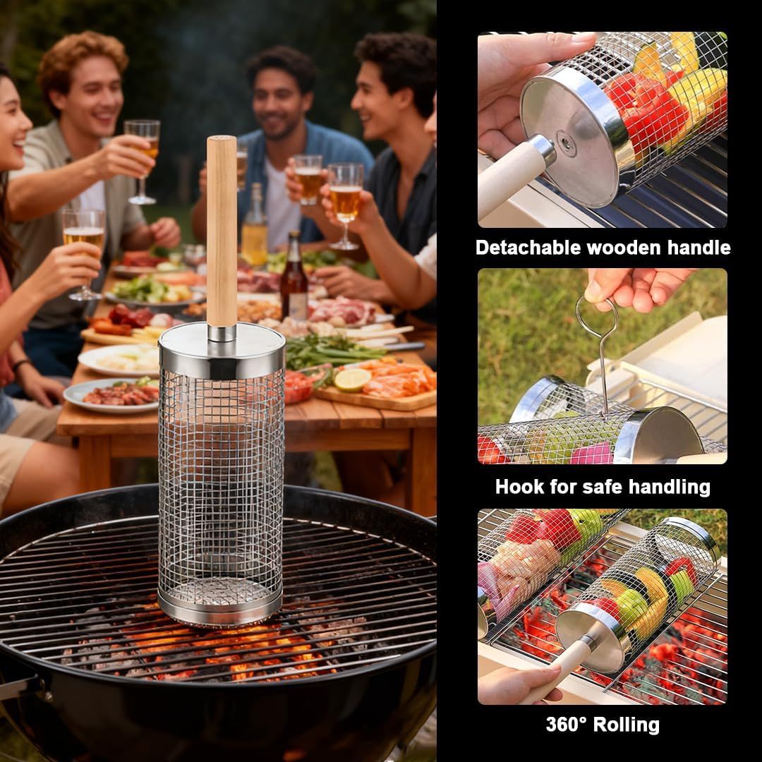 304 Stainless Steel Rolling Grill Basket Set with Removable Handle for Vegetables, Shrimp and Outdoor BBQ, Nesting Design, Silver Awezingly