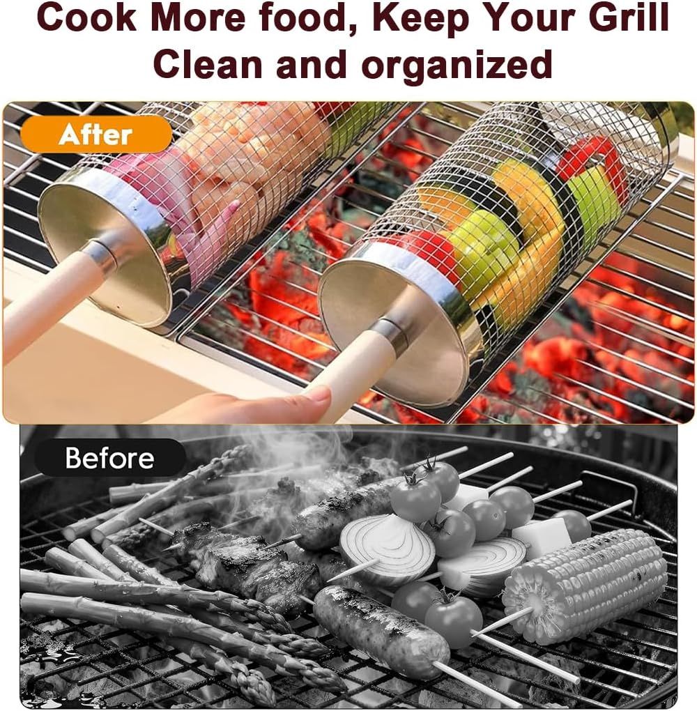304 Stainless Steel Rolling Grill Basket Set with Removable Handle for Vegetables, Shrimp and Outdoor BBQ, Nesting Design, Silver Awezingly