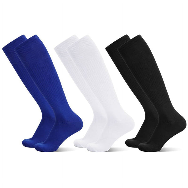 HEQUSIGNS 3 Pairs Kids Soccer Socks,Boys Girls Long Hockey Rugby Socks,Unisex Anti-slip Towel Bottom Football Socks for Children Aged 4-13 to Playing Sports Black+Blue+White Unique