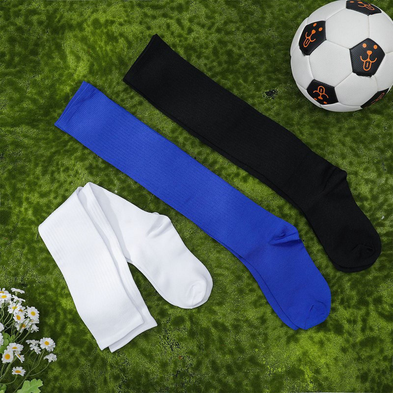 HEQUSIGNS 3 Pairs Kids Soccer Socks,Boys Girls Long Hockey Rugby Socks,Unisex Anti-slip Towel Bottom Football Socks for Children Aged 4-13 to Playing Sports Black+Blue+White Unique