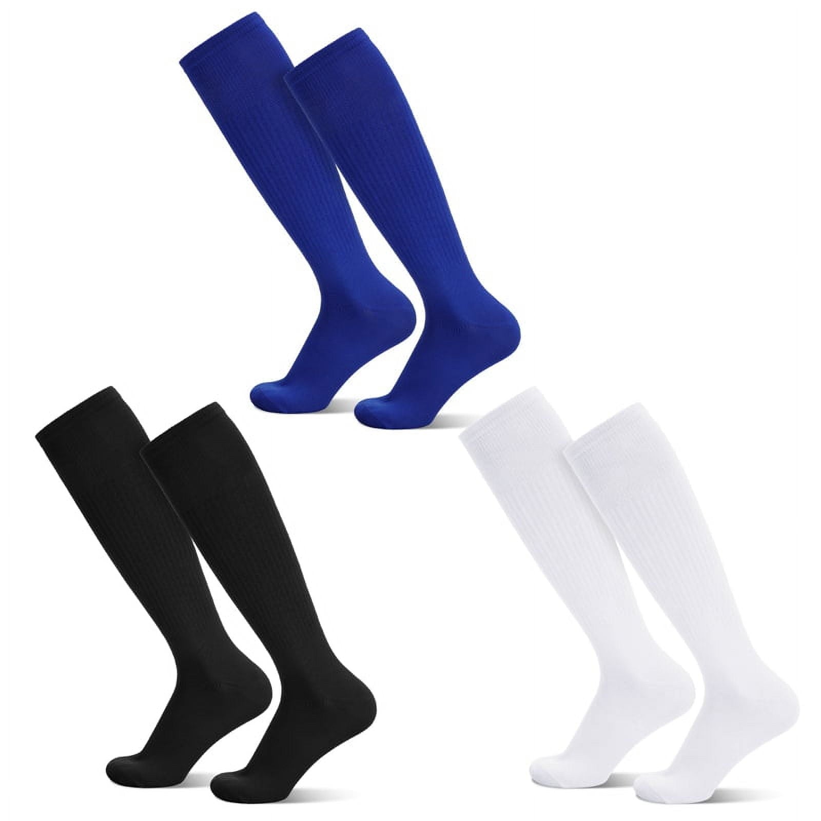 HEQUSIGNS 3 Pairs Kids Soccer Socks,Boys Girls Long Hockey Rugby Socks,Unisex Anti-slip Towel Bottom Football Socks for Children Aged 4-13 to Playing Sports Black+Blue+White Unique