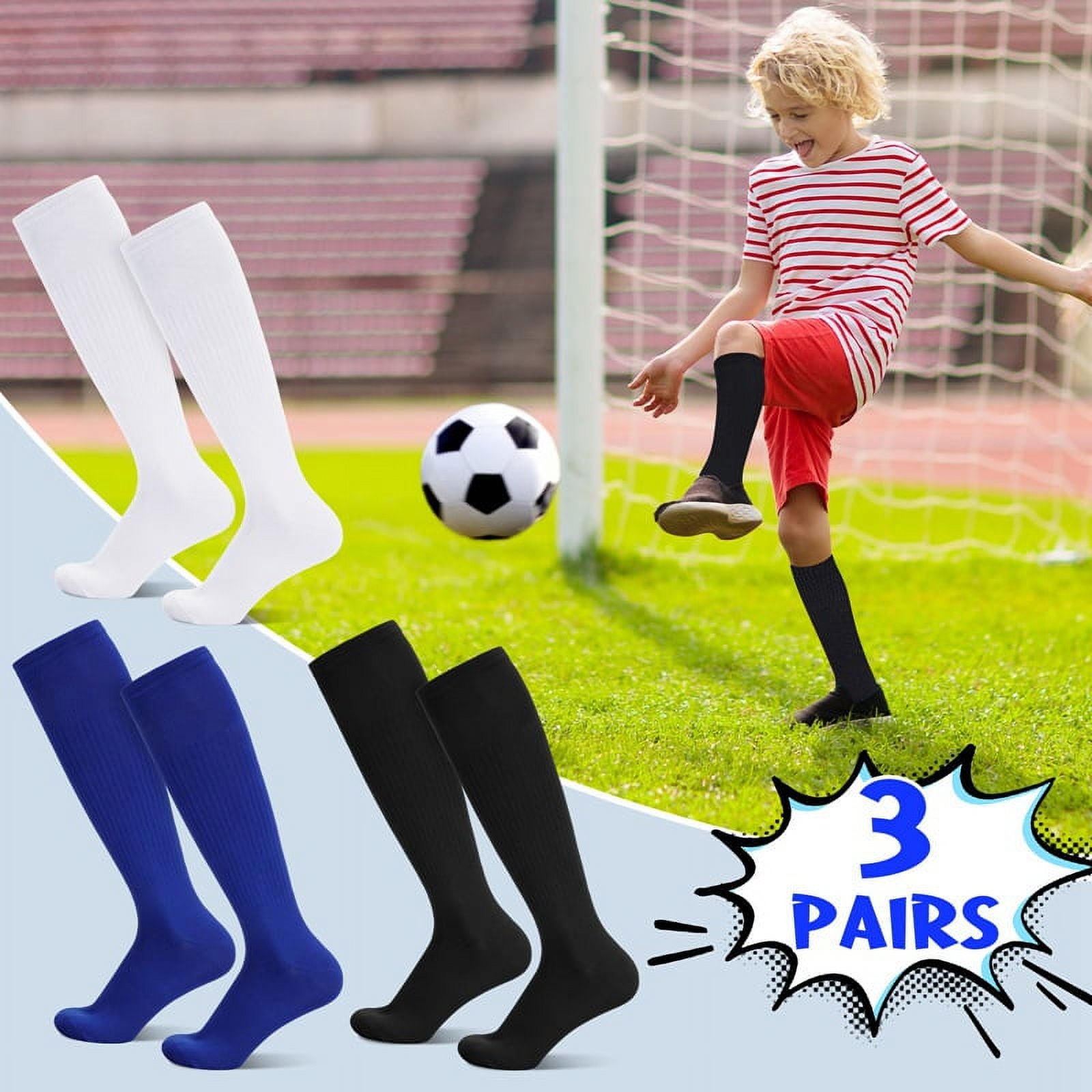 HEQUSIGNS 3 Pairs Kids Soccer Socks,Boys Girls Long Hockey Rugby Socks,Unisex Anti-slip Towel Bottom Football Socks for Children Aged 4-13 to Playing Sports Black+Blue+White Unique
