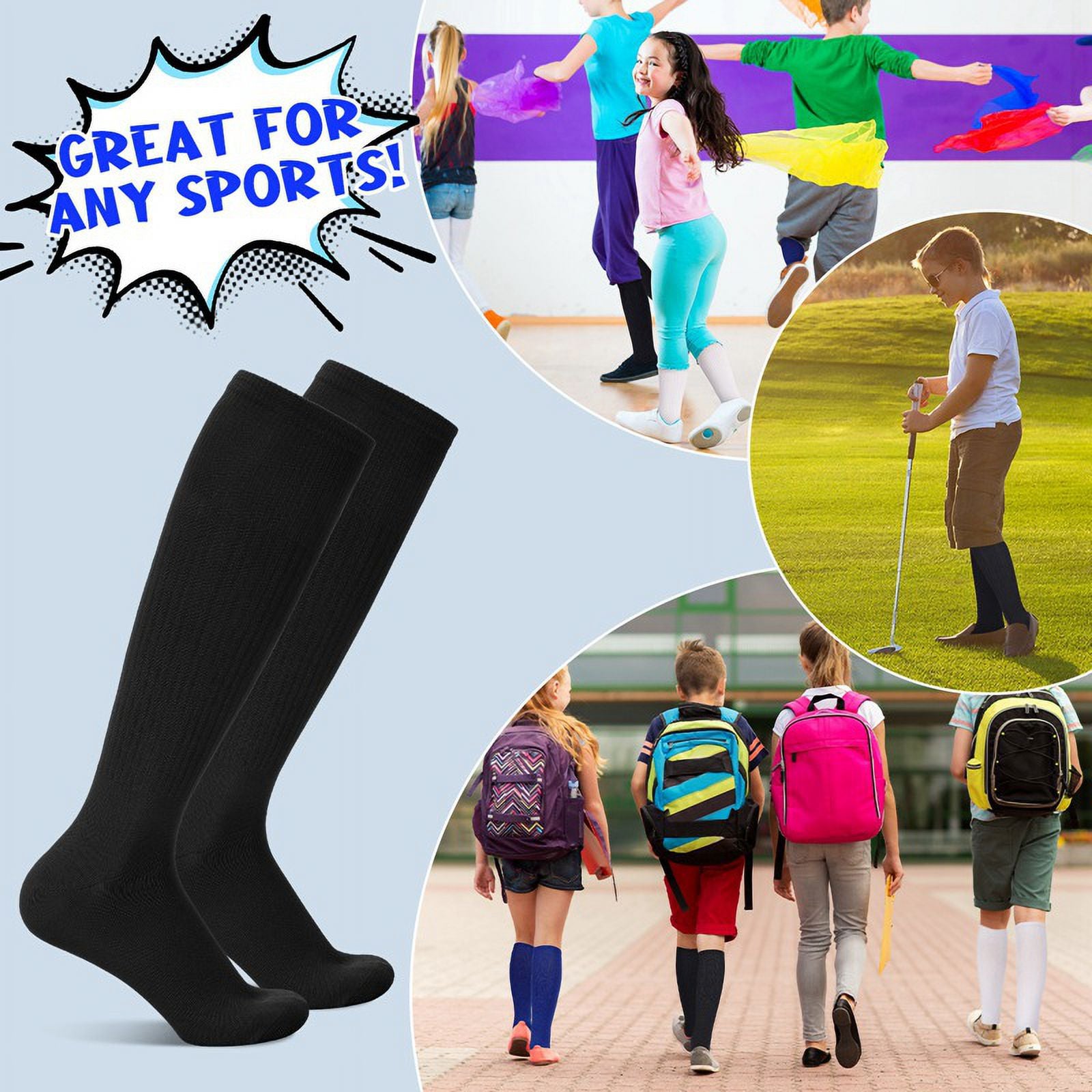 HEQUSIGNS 3 Pairs Kids Soccer Socks,Boys Girls Long Hockey Rugby Socks,Unisex Anti-slip Towel Bottom Football Socks for Children Aged 4-13 to Playing Sports Black+Blue+White Unique