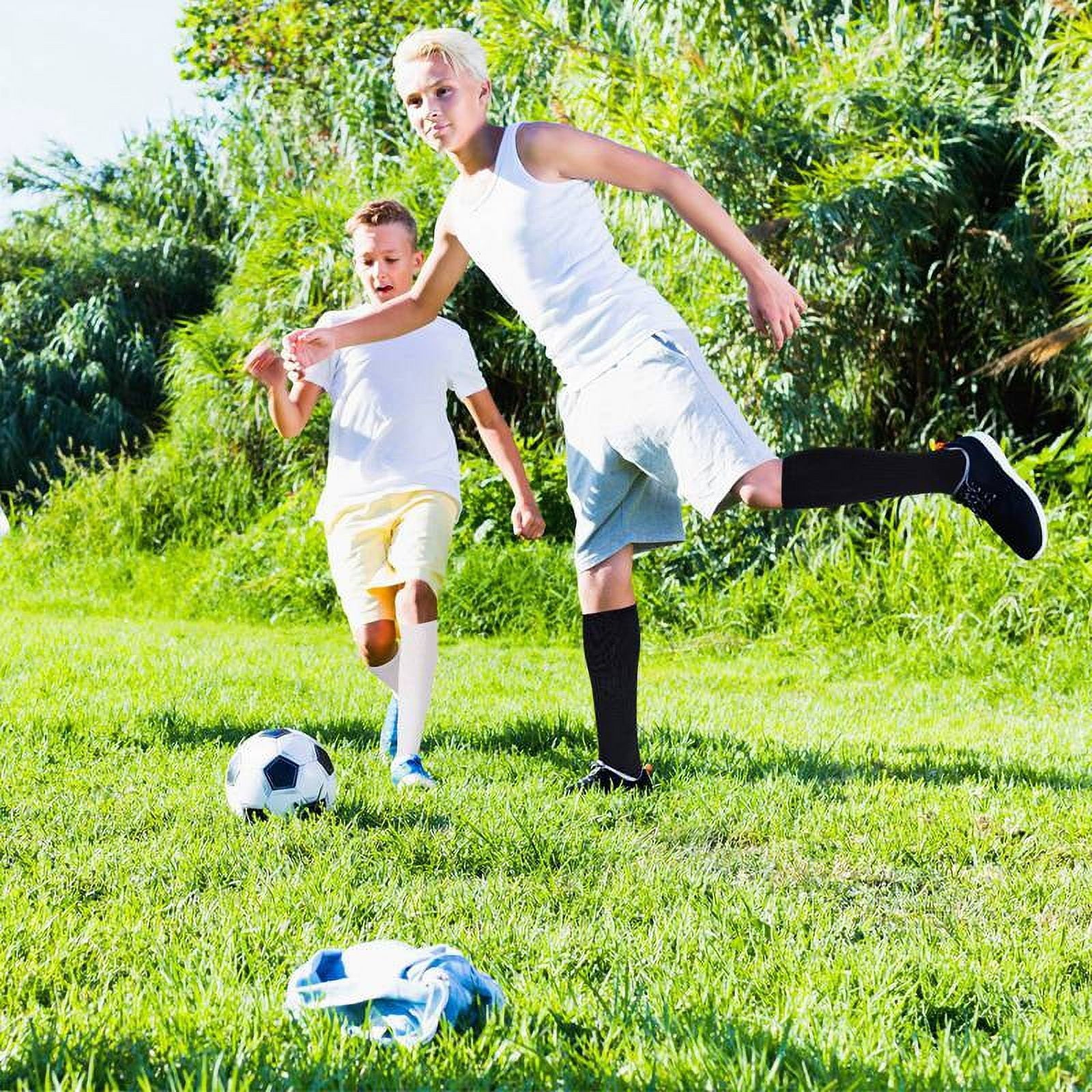 HEQUSIGNS 3 Pairs Kids Soccer Socks,Boys Girls Long Hockey Rugby Socks,Unisex Anti-slip Towel Bottom Football Socks for Children Aged 4-13 to Playing Sports Black+Blue+White Unique