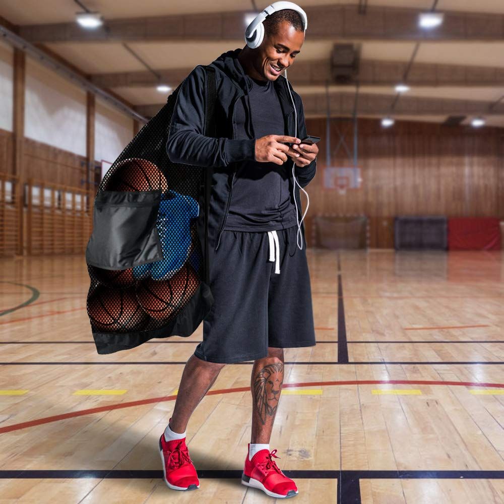 Extra Large Heavy Duty Mesh Bag. Best for Soccer Ball, Water Sports, Beach Cloth, Swimming Gears. Adjustable Shoulder Strap. Secure Side Pocket（30” x 40”）
