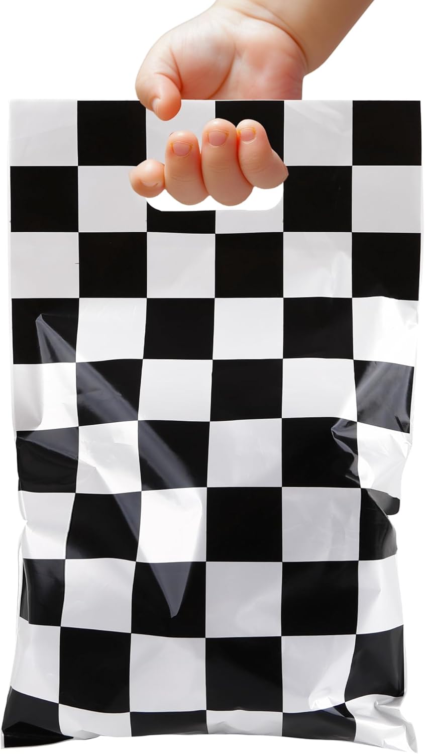 30Pcs Race Car Party Favors Bag Goodie bags Racing in Speed Party Decorations Soccer Theme Black and White Checkered Candy Bags with Handles for Kids Race Car Birthday Party Supplies Unique