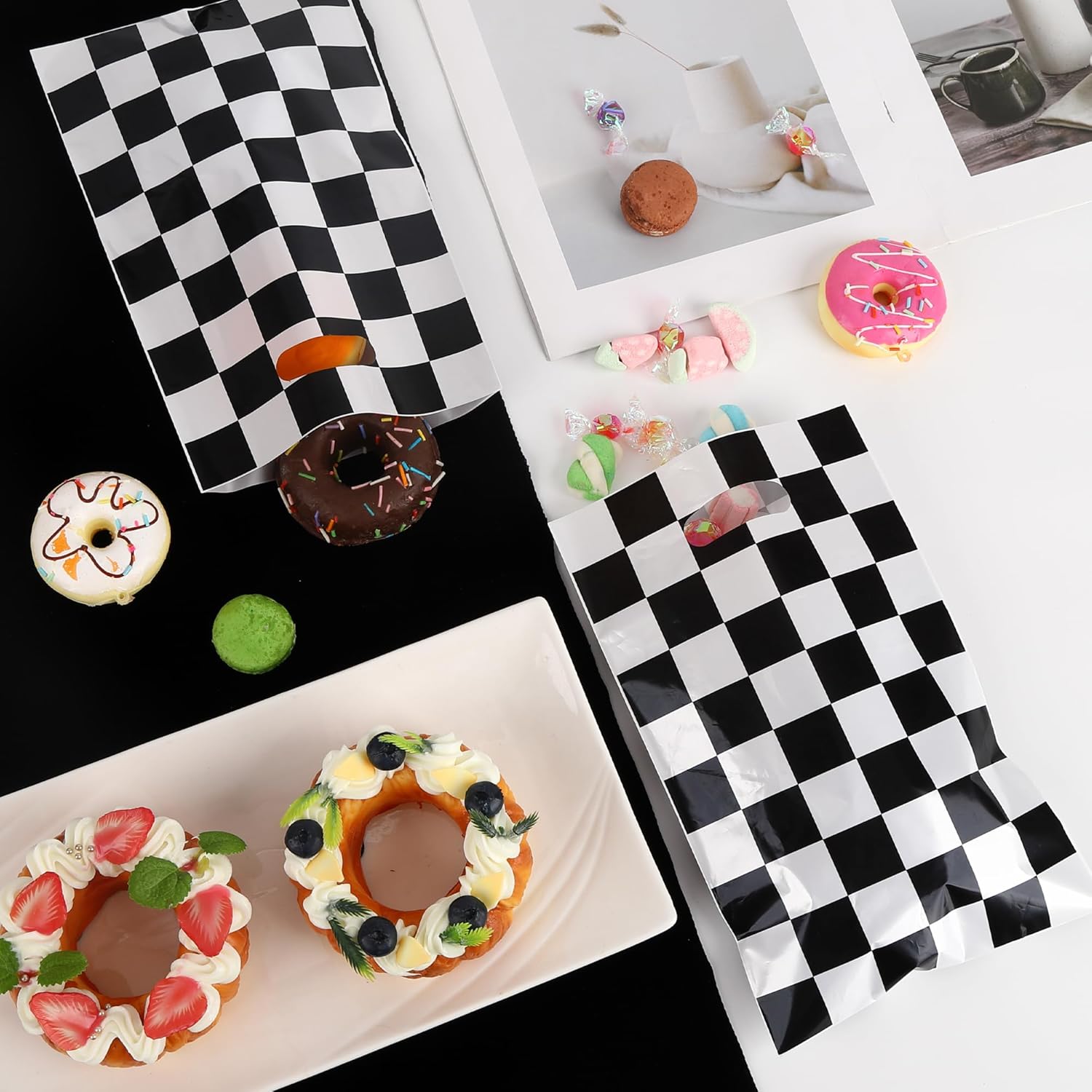 30Pcs Race Car Party Favors Bag Goodie bags Racing in Speed Party Decorations Soccer Theme Black and White Checkered Candy Bags with Handles for Kids Race Car Birthday Party Supplies