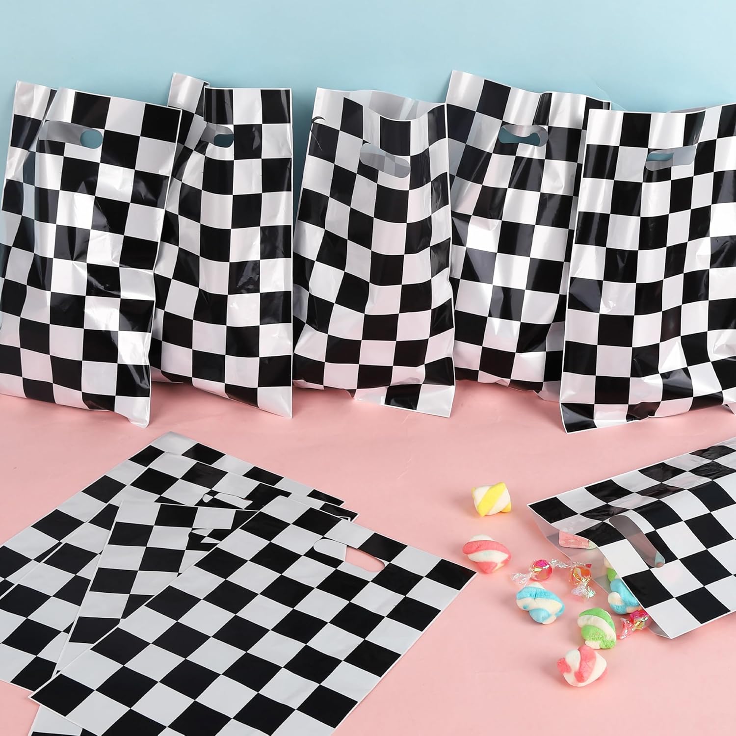 30Pcs Race Car Party Favors Bag Goodie bags Racing in Speed Party Decorations Soccer Theme Black and White Checkered Candy Bags with Handles for Kids Race Car Birthday Party Supplies Unique