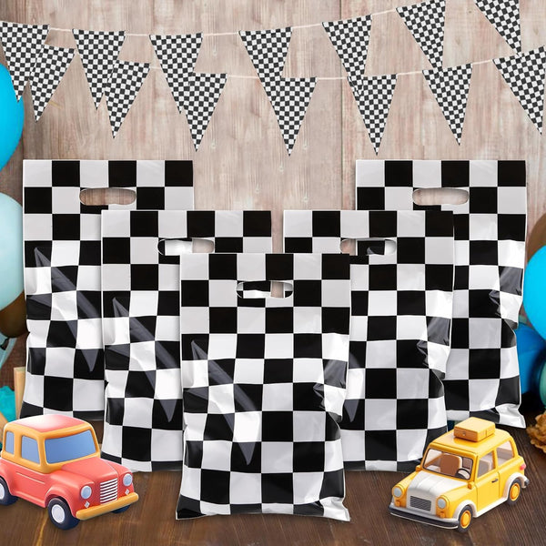 30Pcs Race Car Party Favors Bag Goodie bags Racing in Speed Party Decorations Soccer Theme Black and White Checkered Candy Bags with Handles for Kids Race Car Birthday Party Supplies Unique