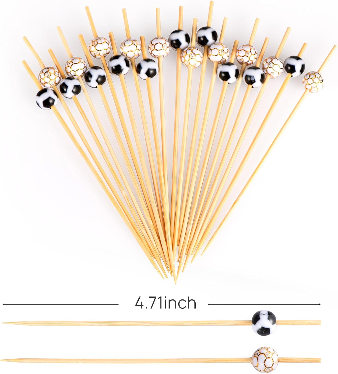 100 Pcs Soccer Toothpicks for Appetizers, 4.7 Inch Football Cocktail Picks for Party Decoration, Bamboo Appetizer Skewers for Charcuterie Sandwich Burgers Fruit Drinks Party (Black)