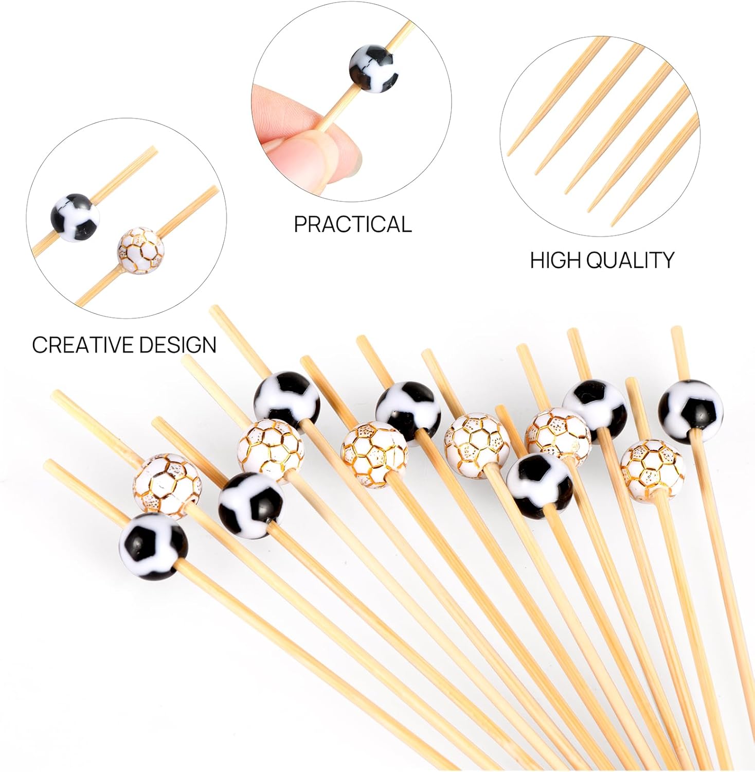 100 Pcs Soccer Toothpicks for Appetizers, 4.7 Inch Football Cocktail Picks for Party Decoration, Bamboo Appetizer Skewers for Charcuterie Sandwich Burgers Fruit Drinks Party (Black)