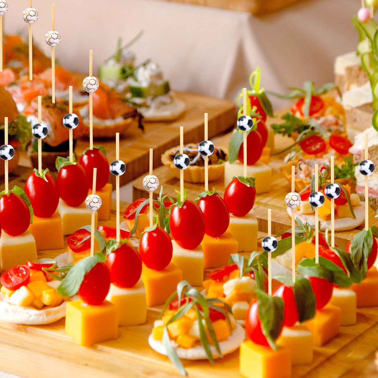 100 Pcs Soccer Toothpicks for Appetizers, 4.7 Inch Football Cocktail Picks for Party Decoration, Bamboo Appetizer Skewers for Charcuterie Sandwich Burgers Fruit Drinks Party (Black)