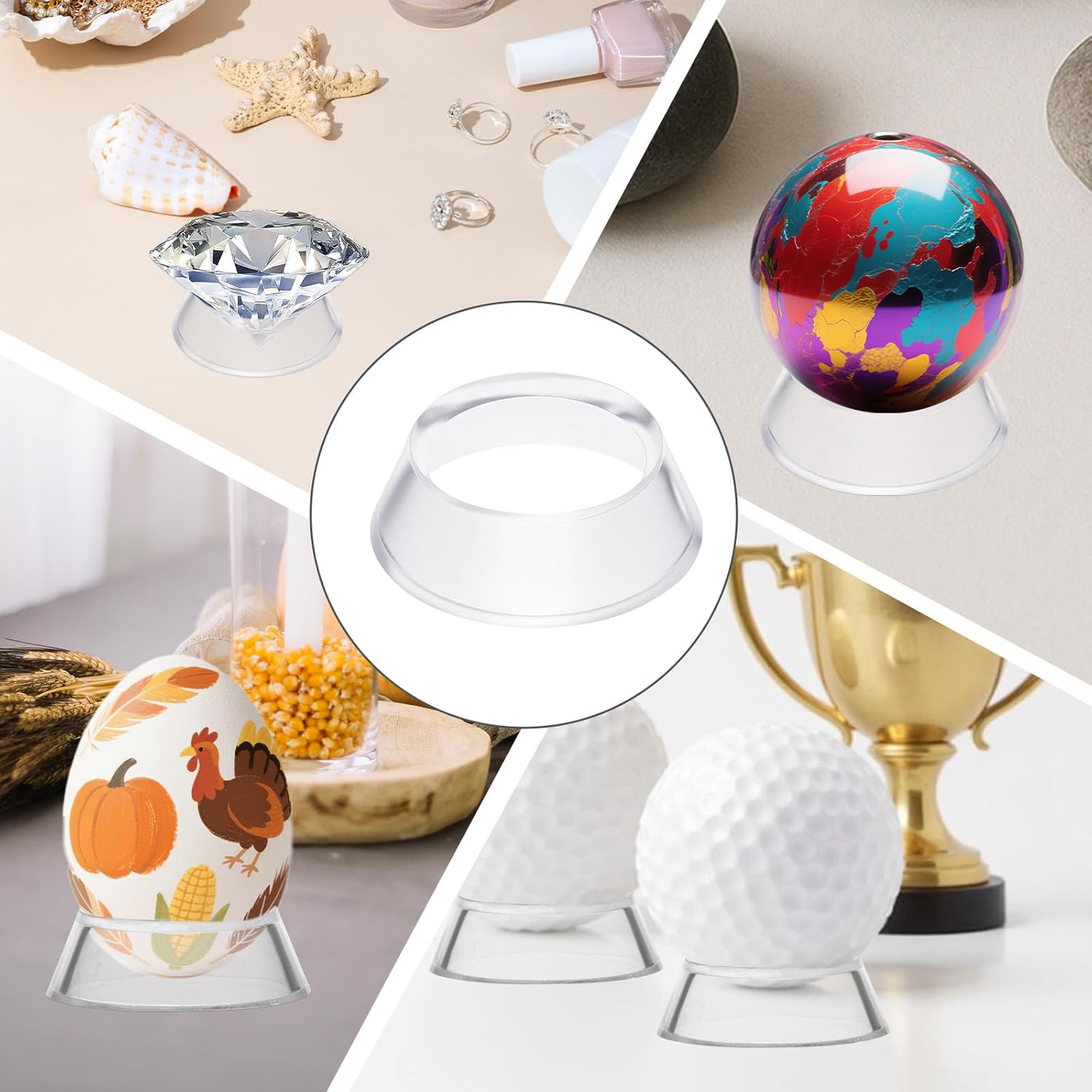 16 Pcs Acrylic Baseball Stand, 1.34 Inch Clear Ring Ball Sphere Stand Egg Crystal Holder Display Stands for Soccer, Basketball, Football, Volleyball, Softball, Bowling Ball, Collections Unique