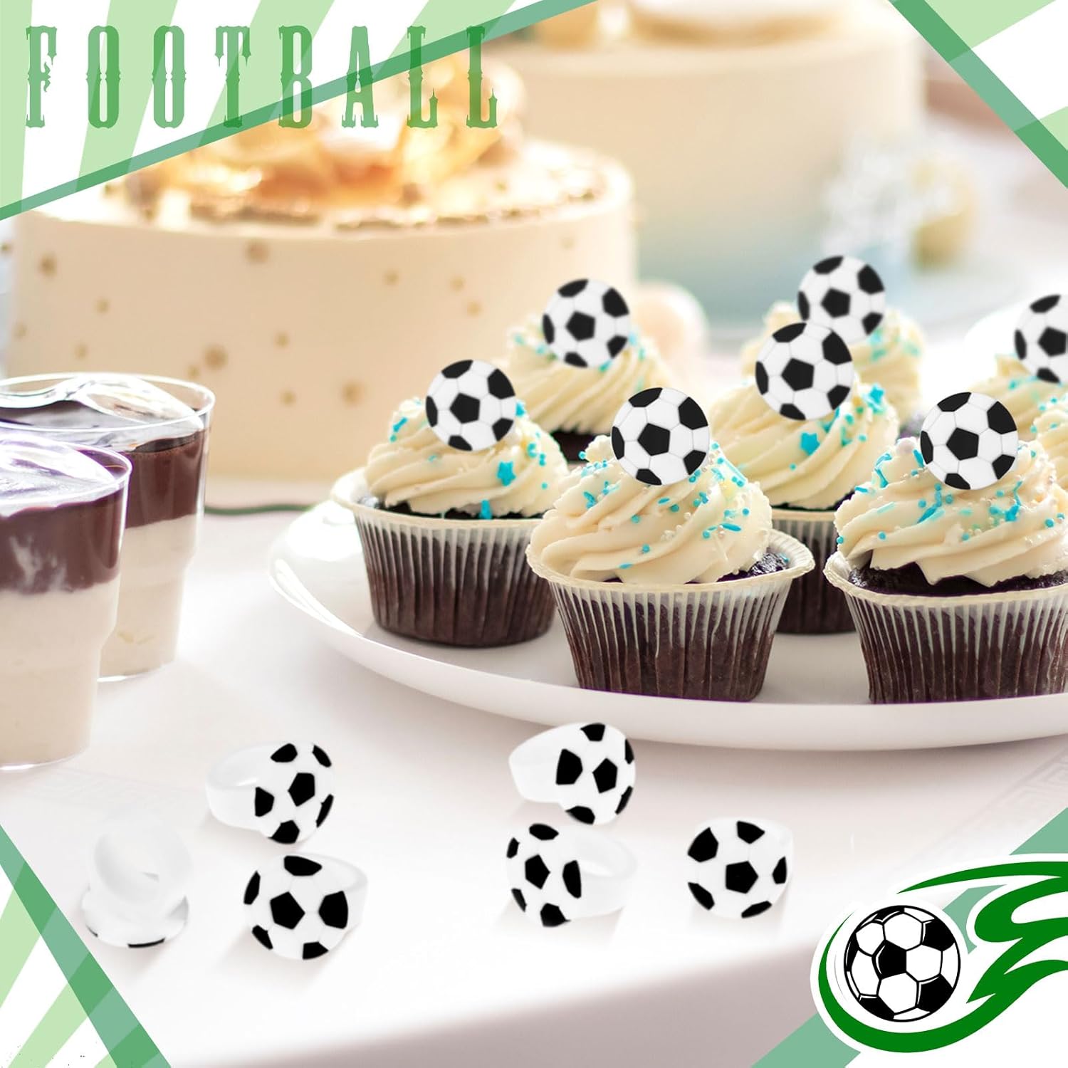 48 Pcs Soccer Ball Cupcake Rings Toppers - Sports Theme Party Decorations for Kids Birthday, Game Day Favors & Gifts