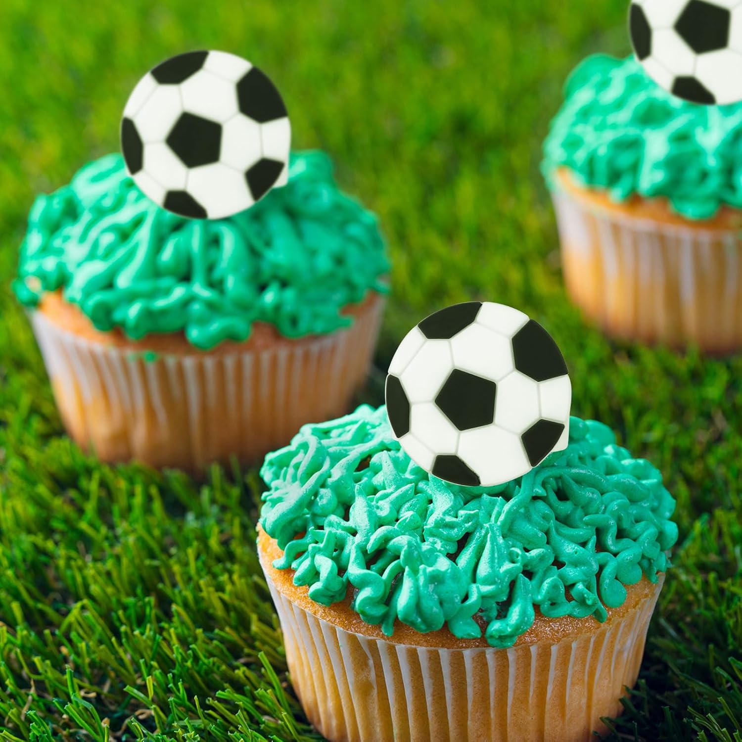 48 Pcs Soccer Ball Cupcake Rings Toppers - Sports Theme Party Decorations for Kids Birthday, Game Day Favors & Gifts