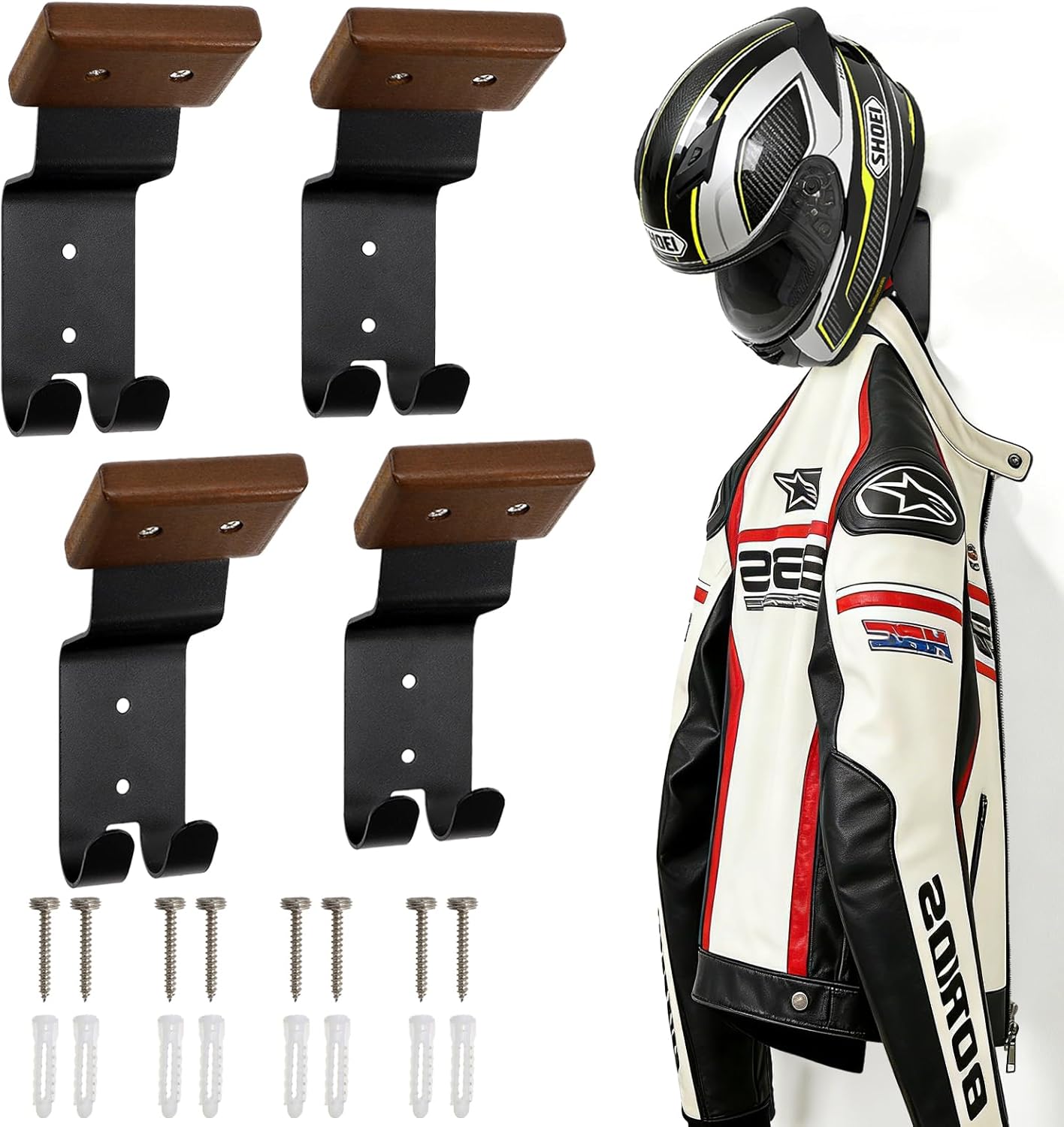 4 Pack Motorcycle Helmet Wall Mount, Helmets Holder with Double Key Hook, Hanger Gear Rack for Bike Baseball Tactical Football Skiing Accessories Unique