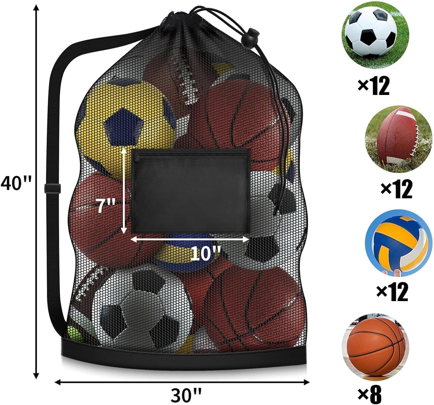 40 * 28 in Extra Large Sports Ball Bag Mesh, Heavy Duty Soccer Ball Net Bag, Con Adjustable Shoulder Strap, for Swimming, Diving, Travel, Gym, Camping, Training, Sports Unique