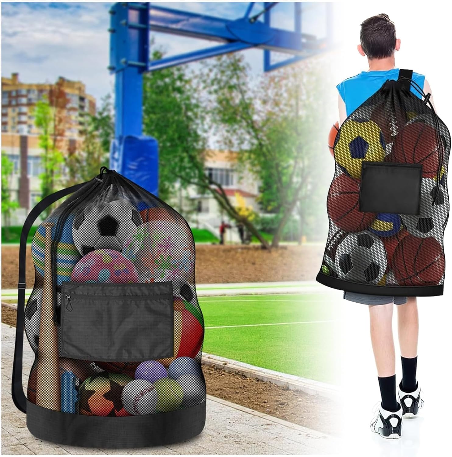 40 * 28 in Extra Large Sports Ball Bag Mesh, Heavy Duty Soccer Ball Net Bag, Con Adjustable Shoulder Strap, for Swimming, Diving, Travel, Gym, Camping, Training, Sports Unique