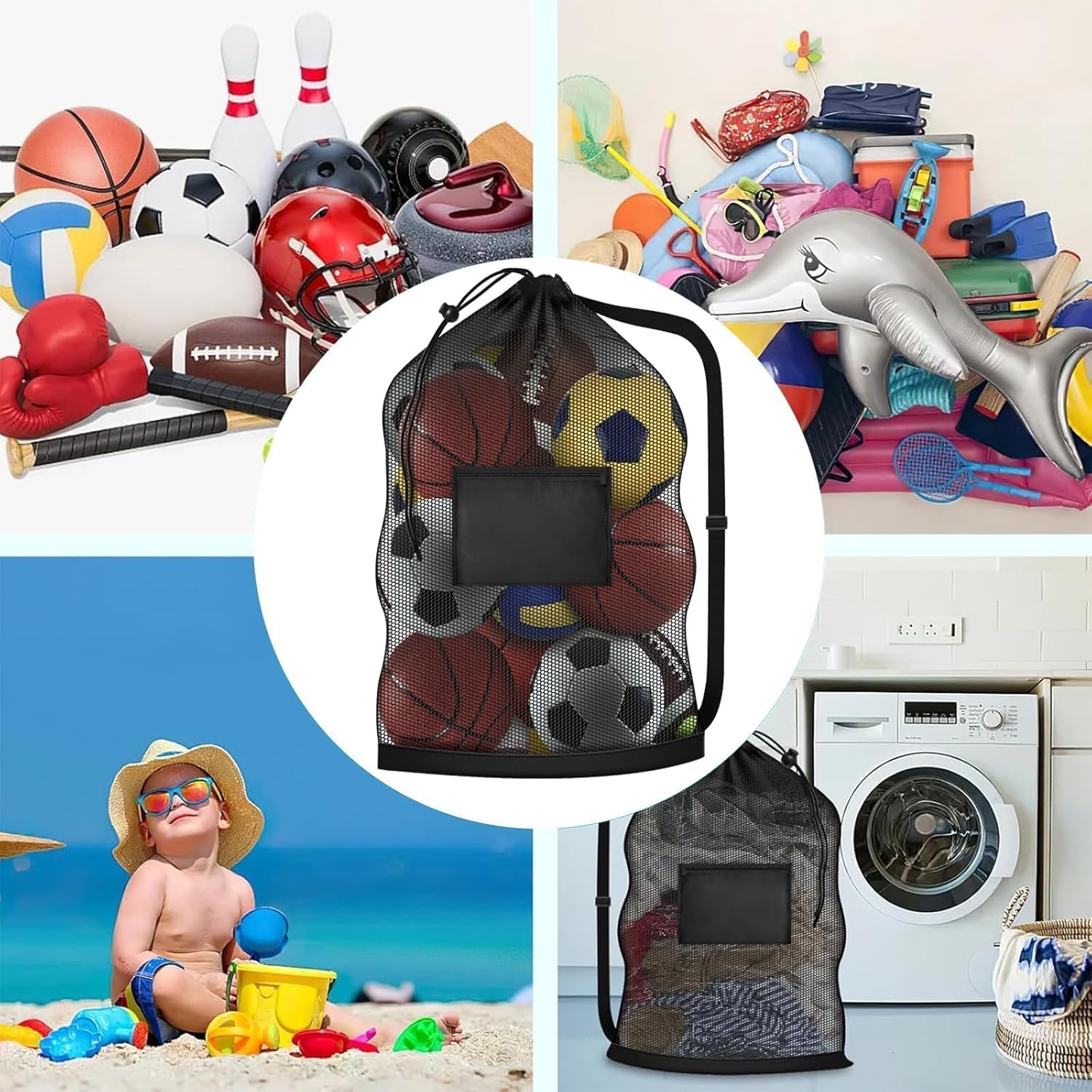 40 * 28 in Extra Large Sports Ball Bag Mesh, Heavy Duty Soccer Ball Net Bag, Con Adjustable Shoulder Strap, for Swimming, Diving, Travel, Gym, Camping, Training, Sports Unique