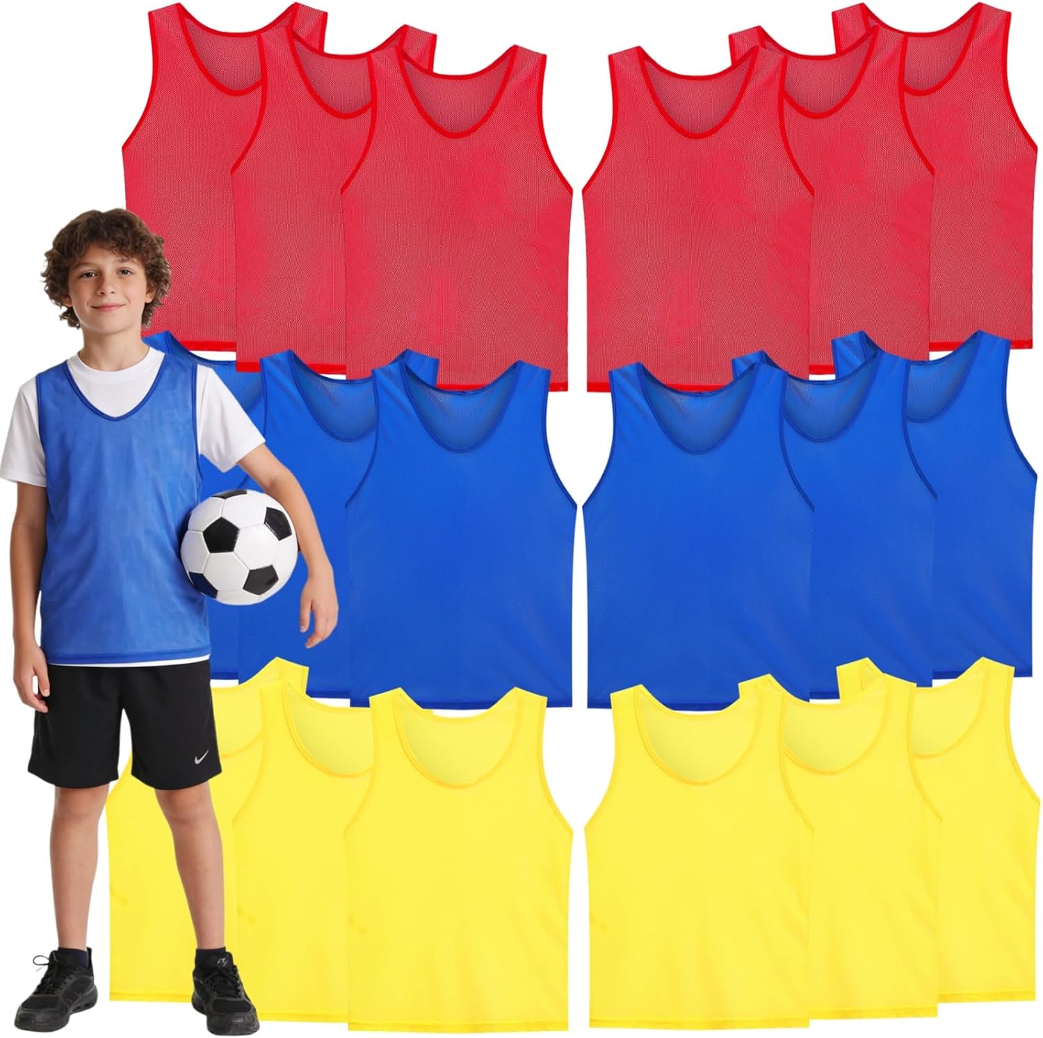 18 Packs Youth Team Pinnies, Kids Scrimmage Training Vest, Pennies, Jerseys Mesh Practice Vests for Basketball, Soccer, Football, Volleyball, 3 Colors Unique
