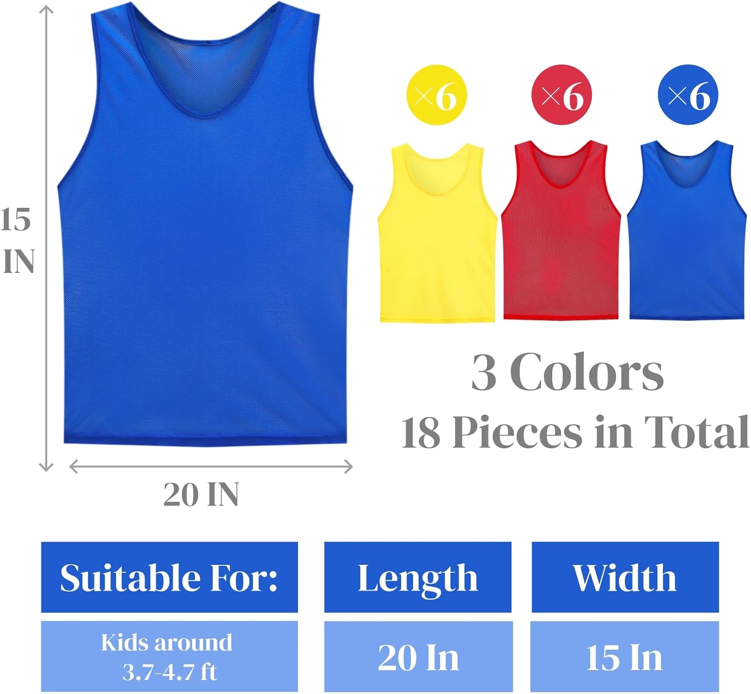 18 Packs Youth Team Pinnies, Kids Scrimmage Training Vest, Pennies, Jerseys Mesh Practice Vests for Basketball, Soccer, Football, Volleyball, 3 Colors Unique