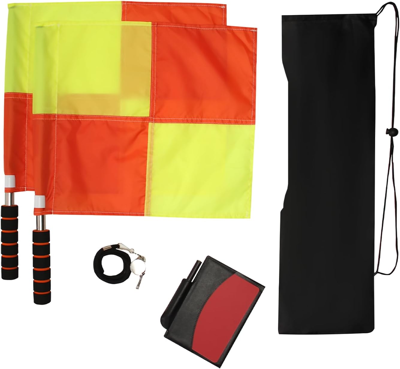 Soccer referee set - 2-piece blocked soccer flag - Red and yellow referee cards - With storage bag - Stainless steel whistle with black lanyard Awezingly