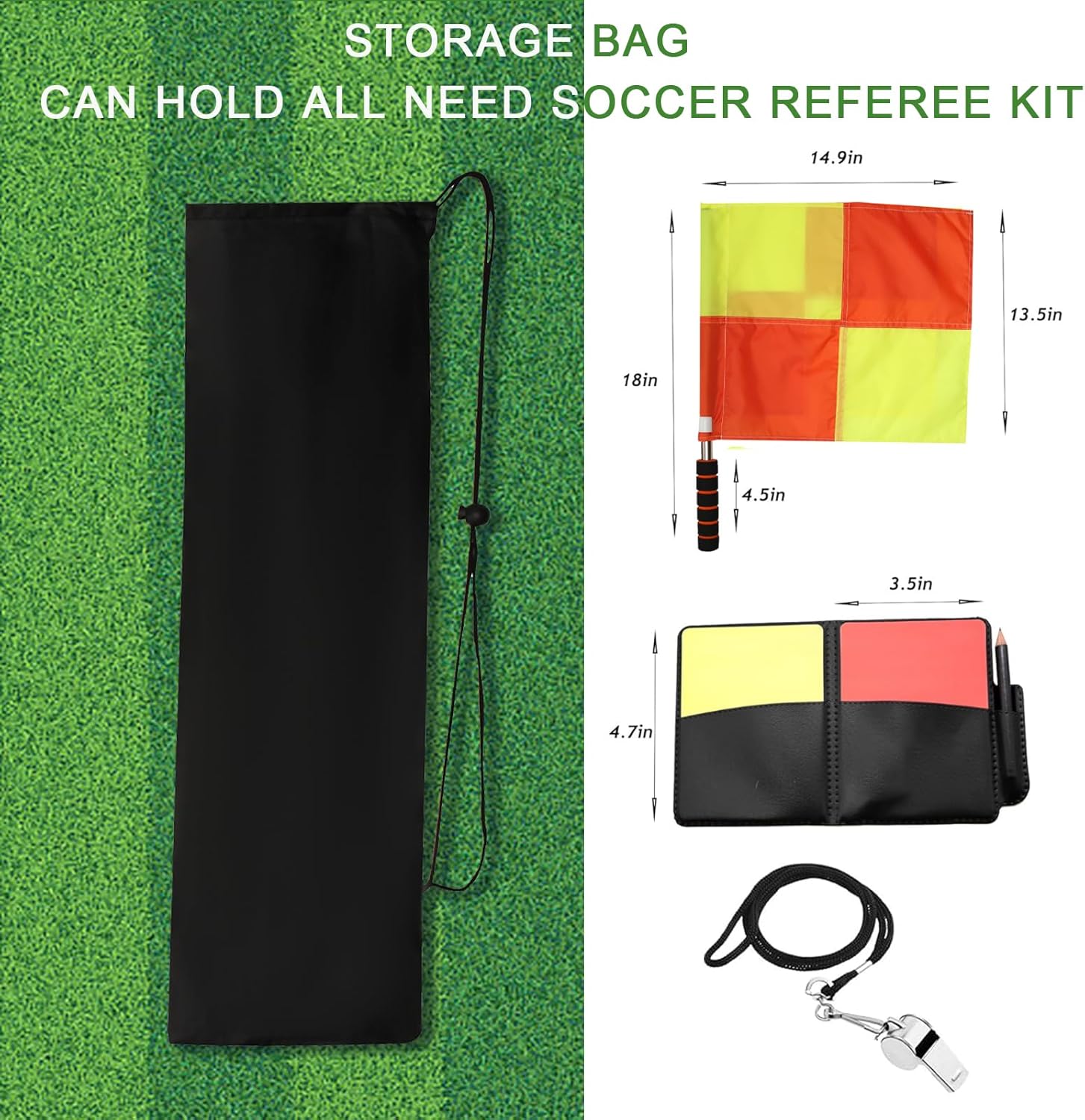 Soccer referee set - 2-piece blocked soccer flag - Red and yellow referee cards - With storage bag - Stainless steel whistle with black lanyard