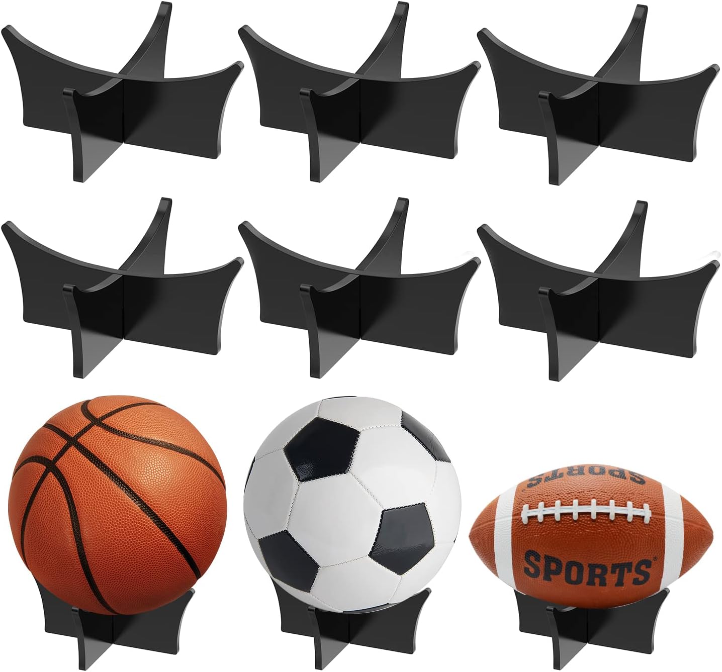 Ball Standard - Acrylic - Football, Basketball, Soccer, Volleyball, Rugby, etc. Display Standard - Ball Holders - 6 pieces - Black Unique