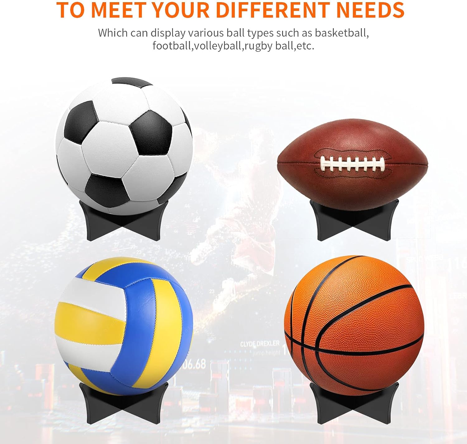 Ball Standard - Acrylic - Football, Basketball, Soccer, Volleyball, Rugby, etc. Display Standard - Ball Holders - 6 pieces - Black Unique