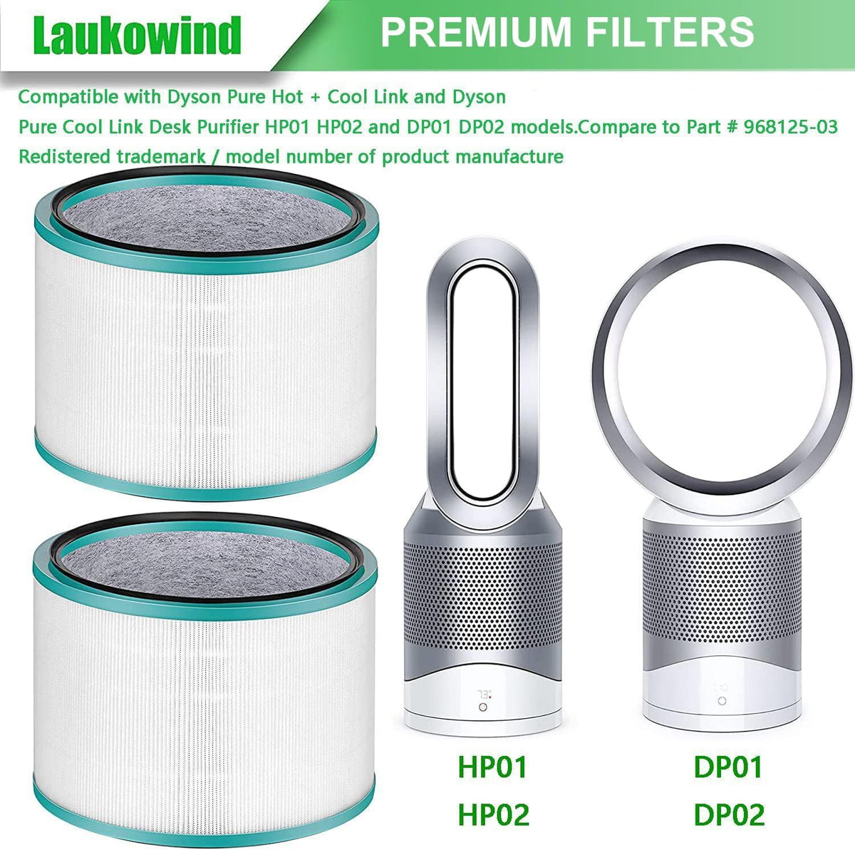 2 Pack Air Puriier ilter Replacements or Dyson HP01, HP02, DP01 Desk Puriiers - Compatible with Part # 968125-03 Awezingly