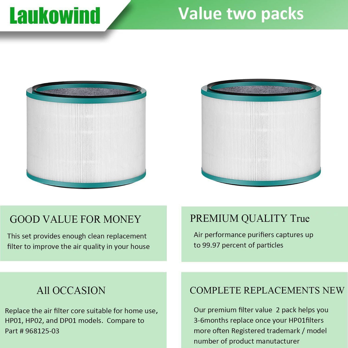2 Pack Air Puriier ilter Replacements or Dyson HP01, HP02, DP01 Desk Puriiers - Compatible with Part # 968125-03 Awezingly