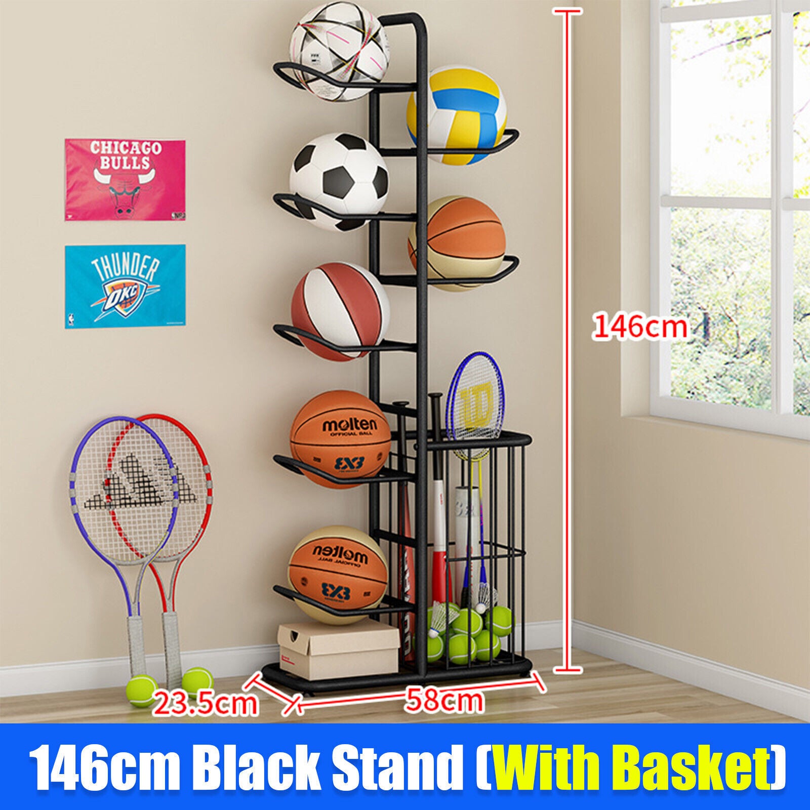 Basketball Soccer Storage Rack Sport Ball Organizer Ball Holder Display Stand With Basket Awezingly