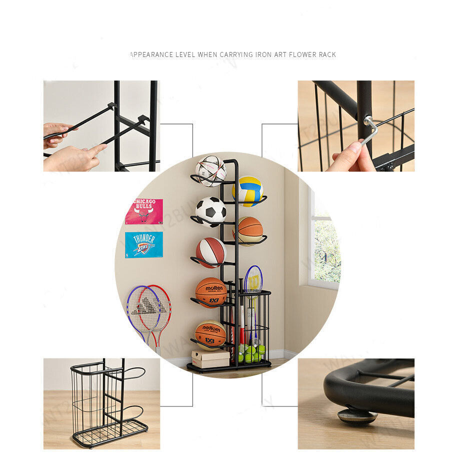 Basketball Soccer Storage Rack Sport Ball Organizer Ball Holder Display Stand With Basket Awezingly