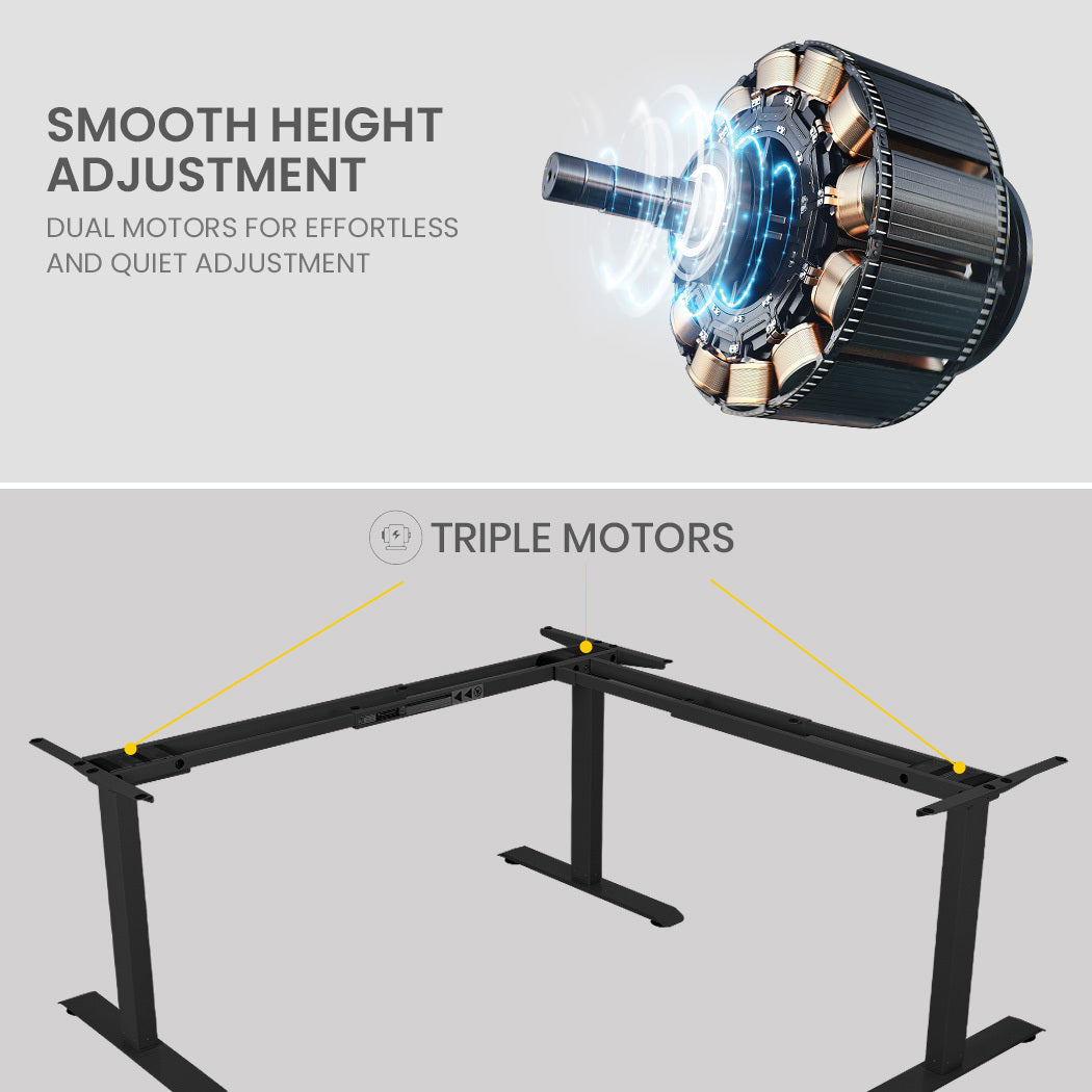 FORTIA 173W x 173W x 75D 3-Motor 120kg Load Adjustable Electric Sit to Stand Up Corner Desk - Walnut/Black Frame Fortia