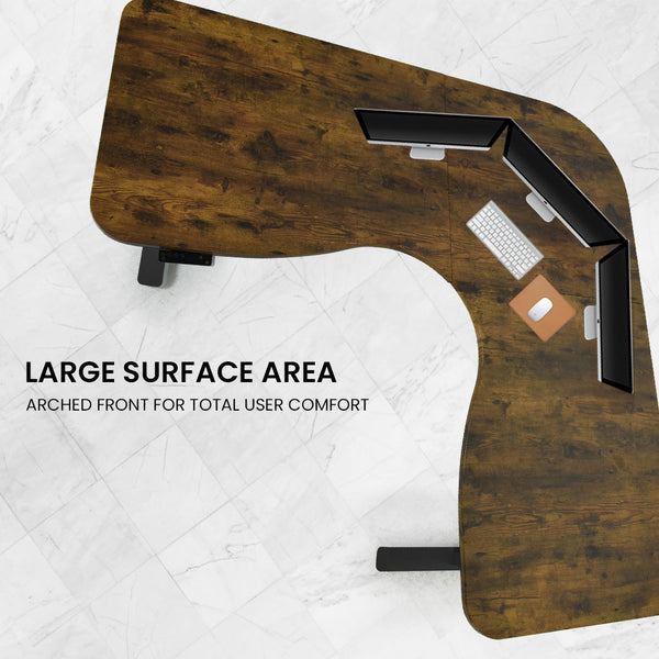 FORTIA 173W x 173W x 75D 3-Motor 120kg Load Adjustable Electric Sit to Stand Up Corner Desk - Walnut/Black Frame Fortia