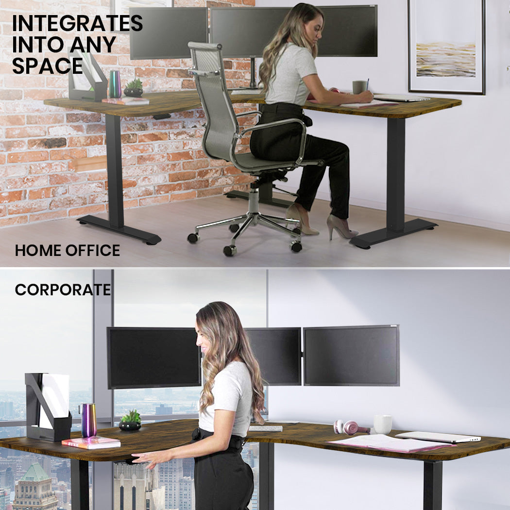 FORTIA 173W x 173W x 75D 3-Motor 120kg Load Adjustable Electric Sit to Stand Up Corner Desk - Walnut/Black Frame Fortia