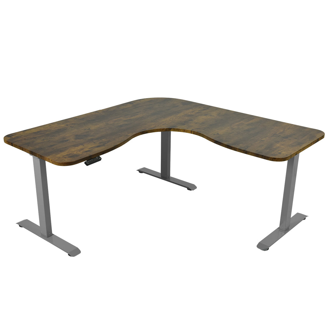 FORTIA 173W x 173W x 75D 3-Motor 120kg Load Adjustable Electric Sit to Stand Up Corner Desk - Walnut/Silver Frame Fortia