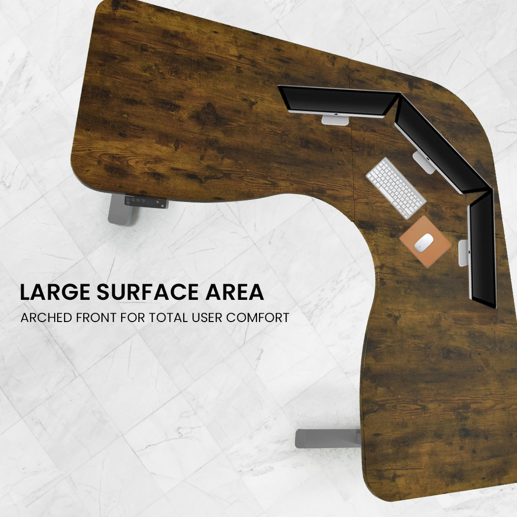 FORTIA 173W x 173W x 75D 3-Motor 120kg Load Adjustable Electric Sit to Stand Up Corner Desk - Walnut/Silver Frame Fortia