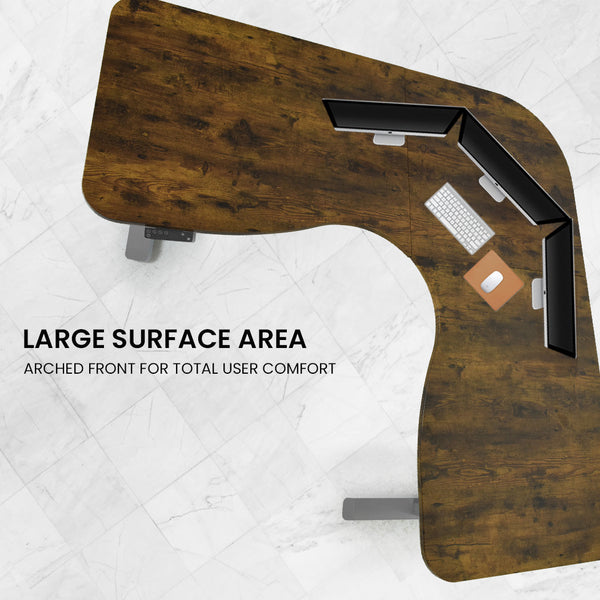 FORTIA 173W x 173W x 75D 3-Motor 120kg Load Adjustable Electric Sit to Stand Up Corner Desk - Walnut/Silver Frame Fortia