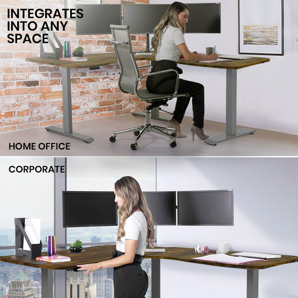 FORTIA 173W x 173W x 75D 3-Motor 120kg Load Adjustable Electric Sit to Stand Up Corner Desk - Walnut/Silver Frame Fortia