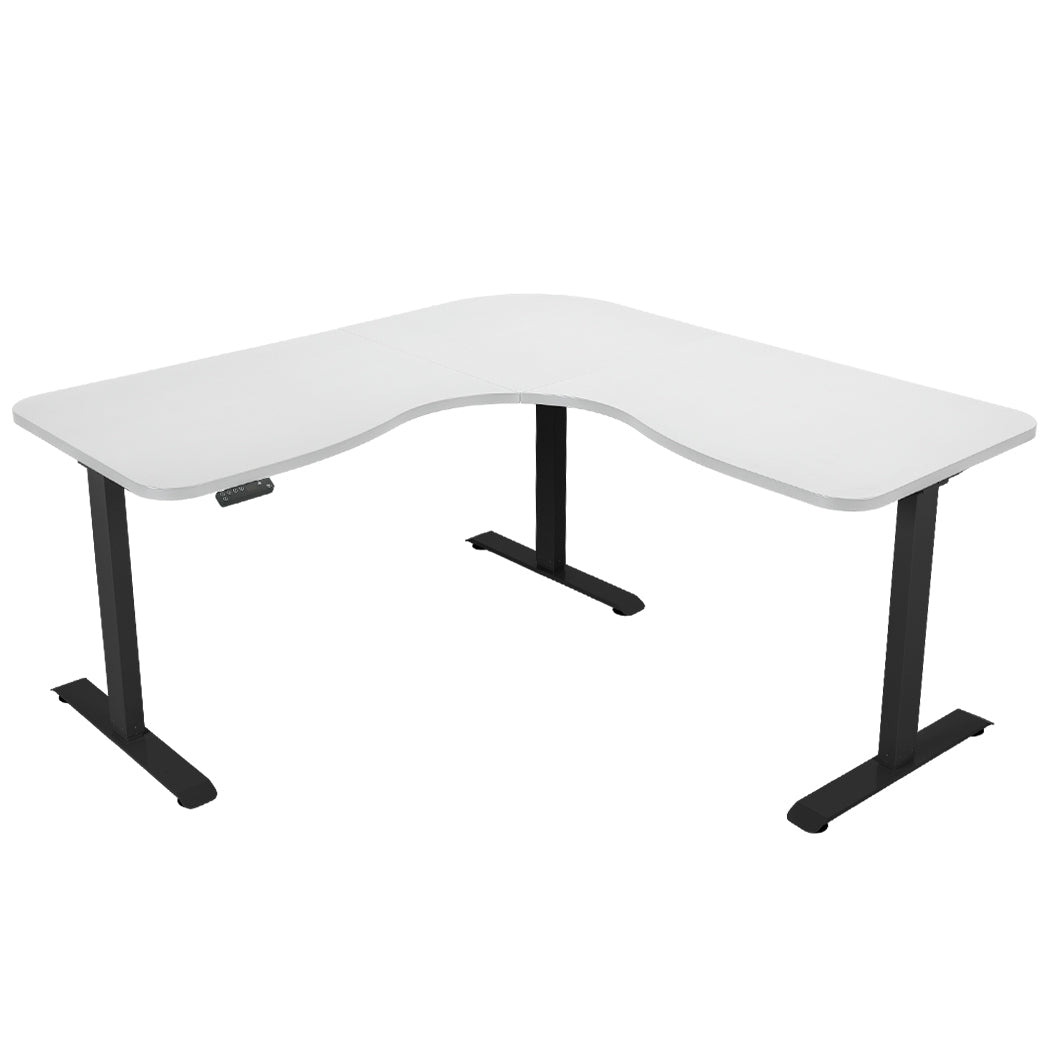 FORTIA 173W x 173W x 75D 3-Motor 120kg Load Adjustable Electric Sit to Stand Up Corner Desk - White/Black Frame Fortia