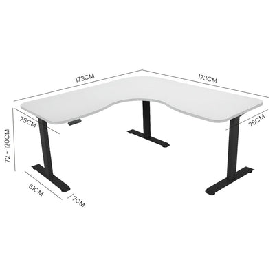 FORTIA 173W x 173W x 75D 3-Motor 120kg Load Adjustable Electric Sit to Stand Up Corner Desk - White/Black Frame